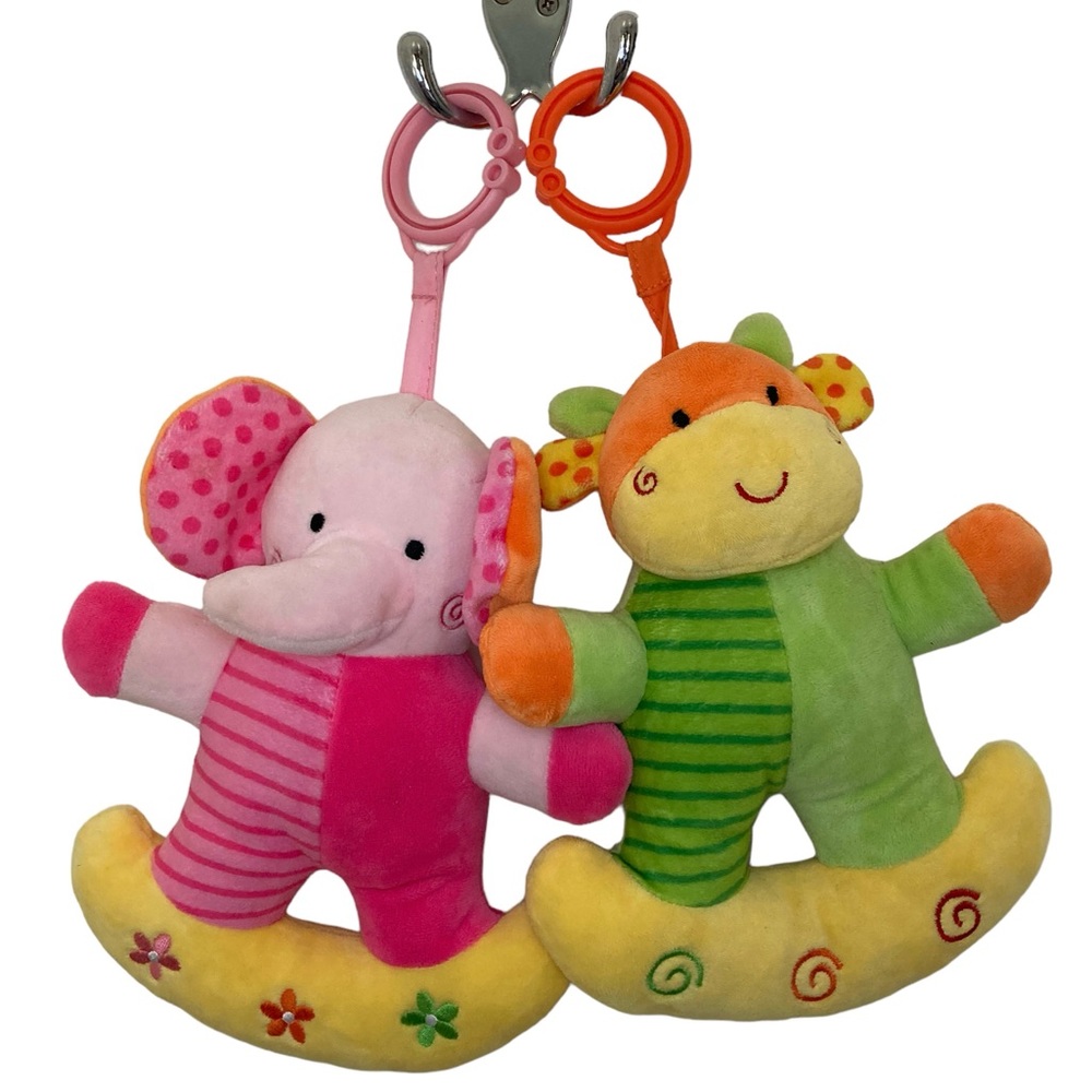 Set of 2 - Linzy Toys Elephant Giraffe Baby Rattle Clip On Soft Plush Toys